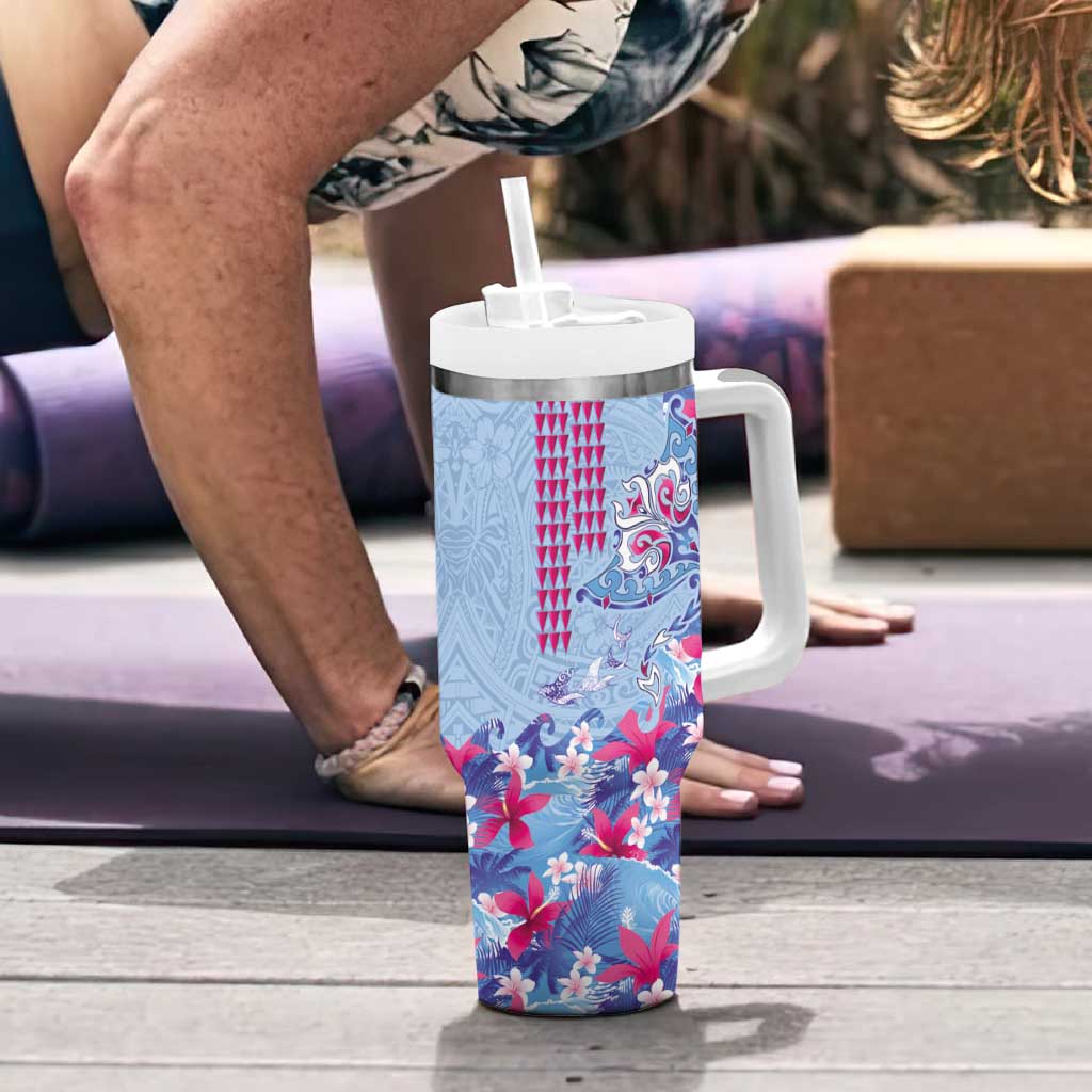 Hawaiian Tribal Manta Ray Tumbler With Handle Kakau Tattoo and Flowers Surfing Waves Pattern Soft Color