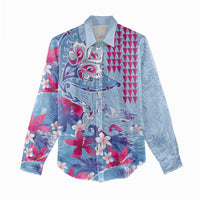 Hawaiian Tribal Manta Ray Women Casual Shirt Kakau Tattoo and Flowers Surfing Waves Pattern Soft Color