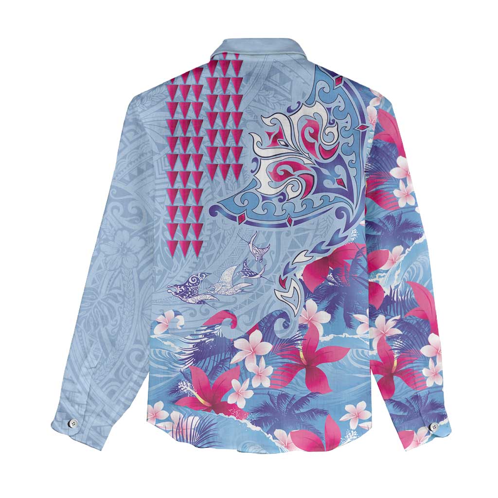 Hawaiian Tribal Manta Ray Women Casual Shirt Kakau Tattoo and Flowers Surfing Waves Pattern Soft Color