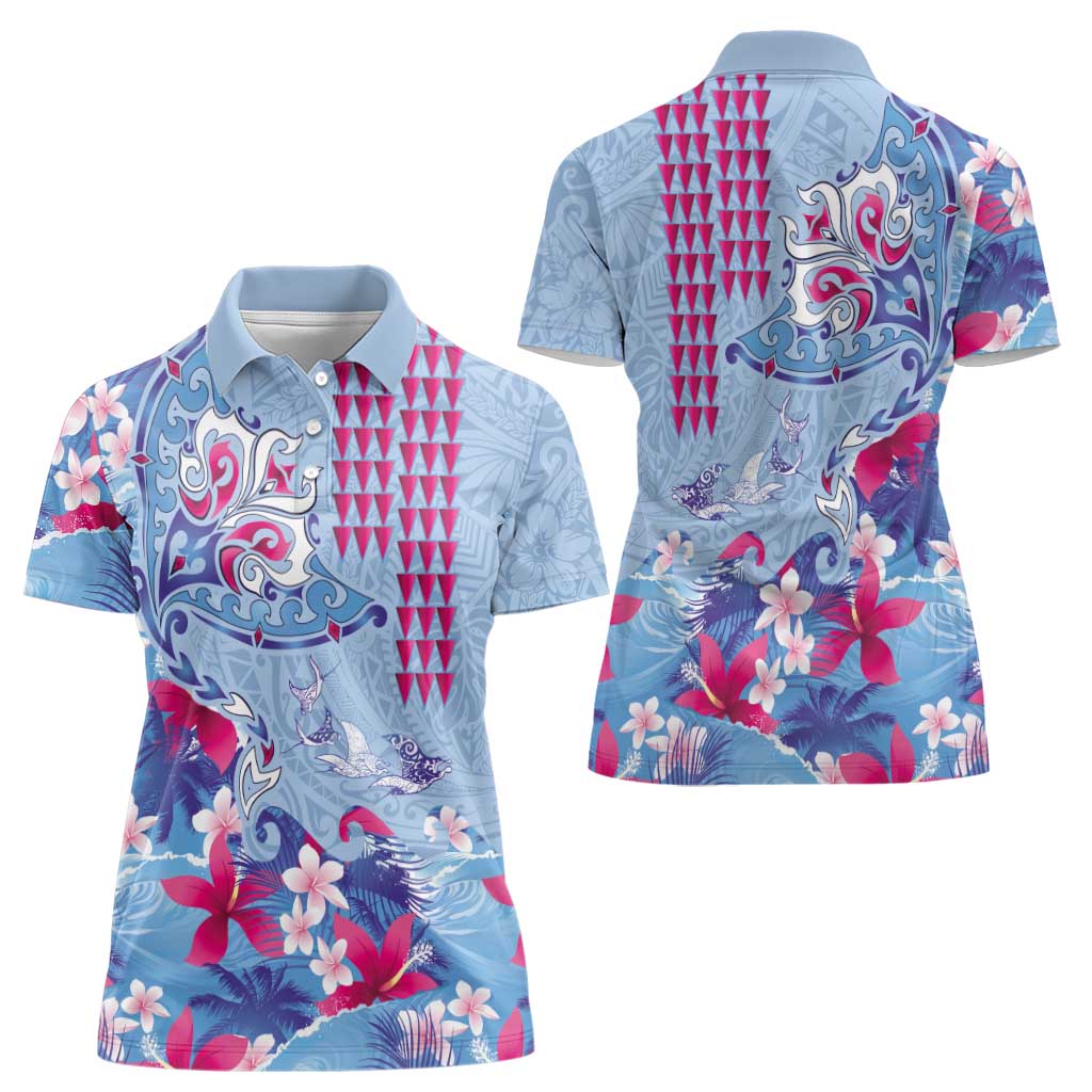 Hawaiian Tribal Manta Ray Women Polo Shirt Kakau Tattoo and Flowers Surfing Waves Pattern Soft Color