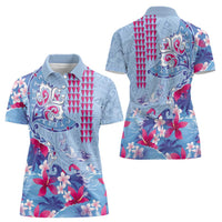 Hawaiian Tribal Manta Ray Women Polo Shirt Kakau Tattoo and Flowers Surfing Waves Pattern Soft Color