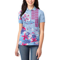 Hawaiian Tribal Manta Ray Women Polo Shirt Kakau Tattoo and Flowers Surfing Waves Pattern Soft Color