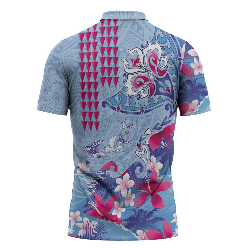 Hawaiian Tribal Manta Ray Zipper Polo Shirt Kakau Tattoo and Flowers Surfing Waves Pattern Soft Color