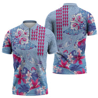 Hawaiian Tribal Manta Ray Zipper Polo Shirt Kakau Tattoo and Flowers Surfing Waves Pattern Soft Color