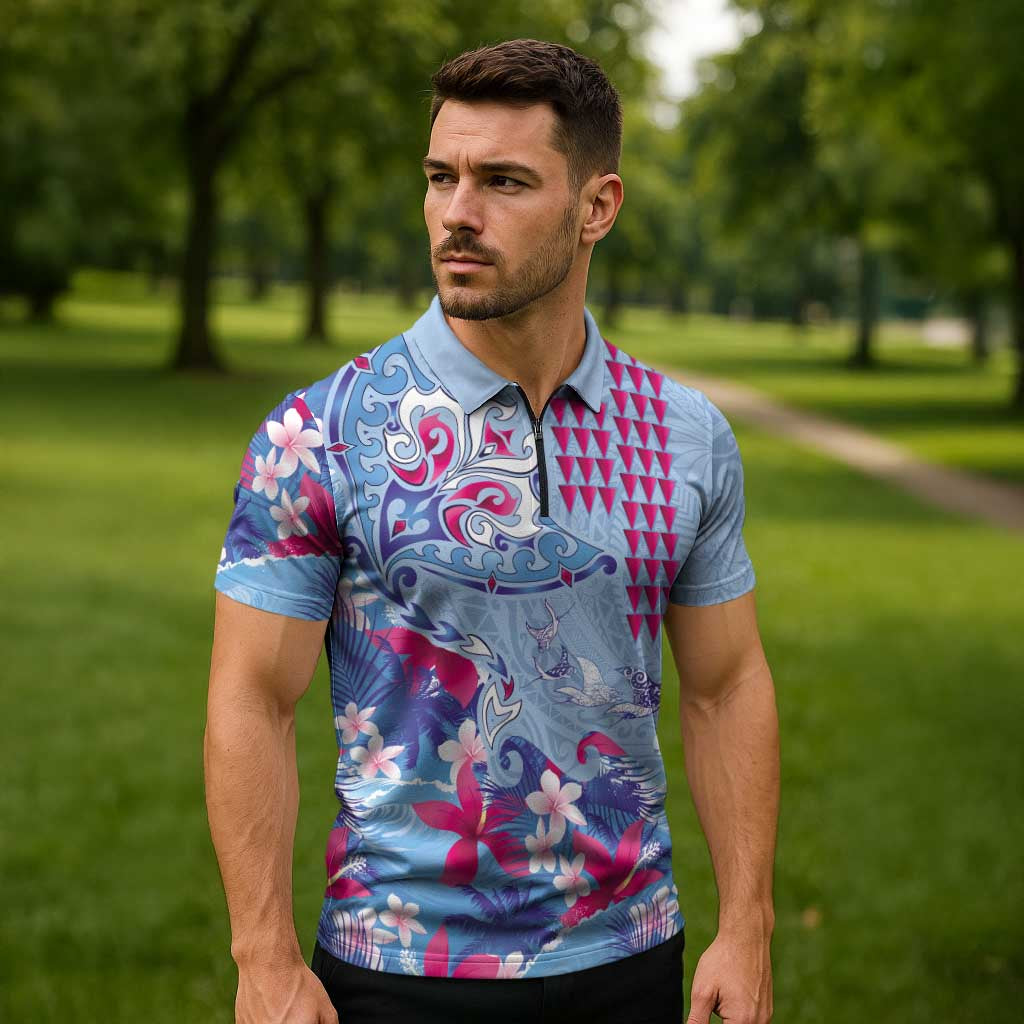 Hawaiian Tribal Manta Ray Zipper Polo Shirt Kakau Tattoo and Flowers Surfing Waves Pattern Soft Color
