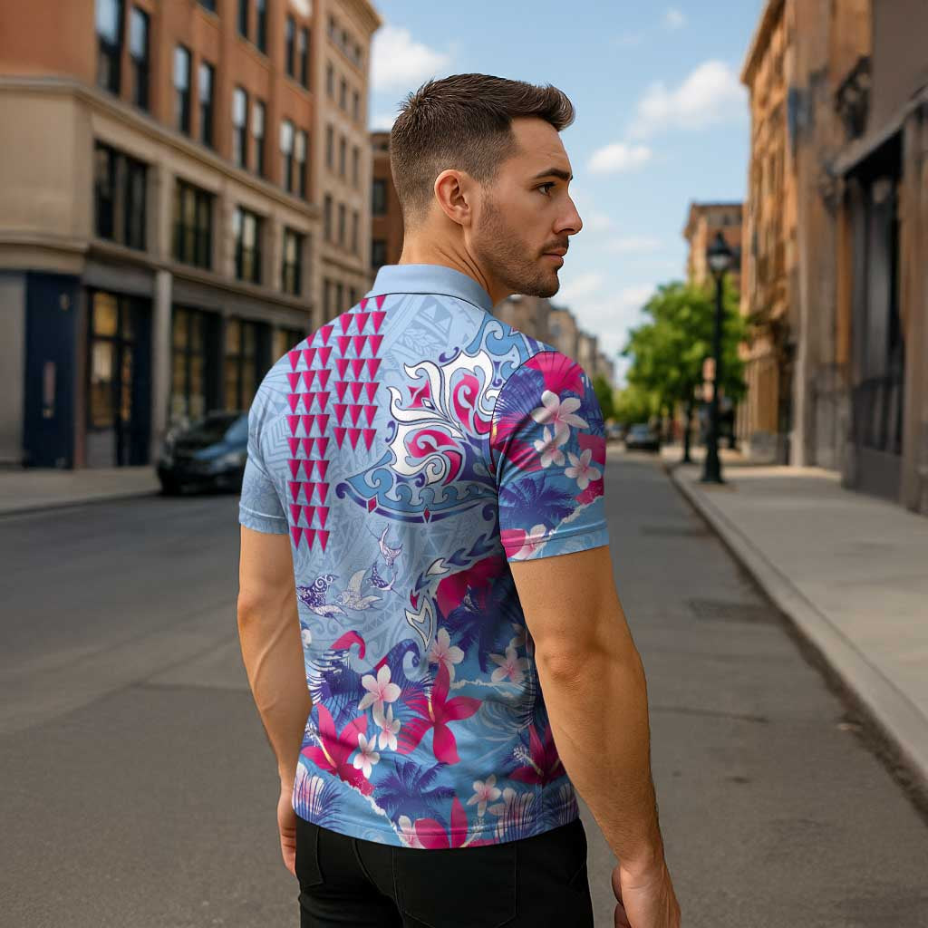 Hawaiian Tribal Manta Ray Zipper Polo Shirt Kakau Tattoo and Flowers Surfing Waves Pattern Soft Color