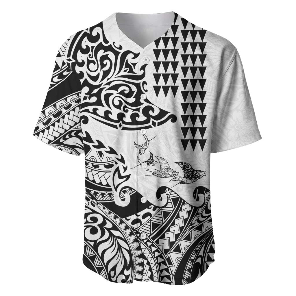 Hawaiian Tribal Manta Ray Baseball Jersey Kakau Tattoo and Polynesian Art Motif Pattern