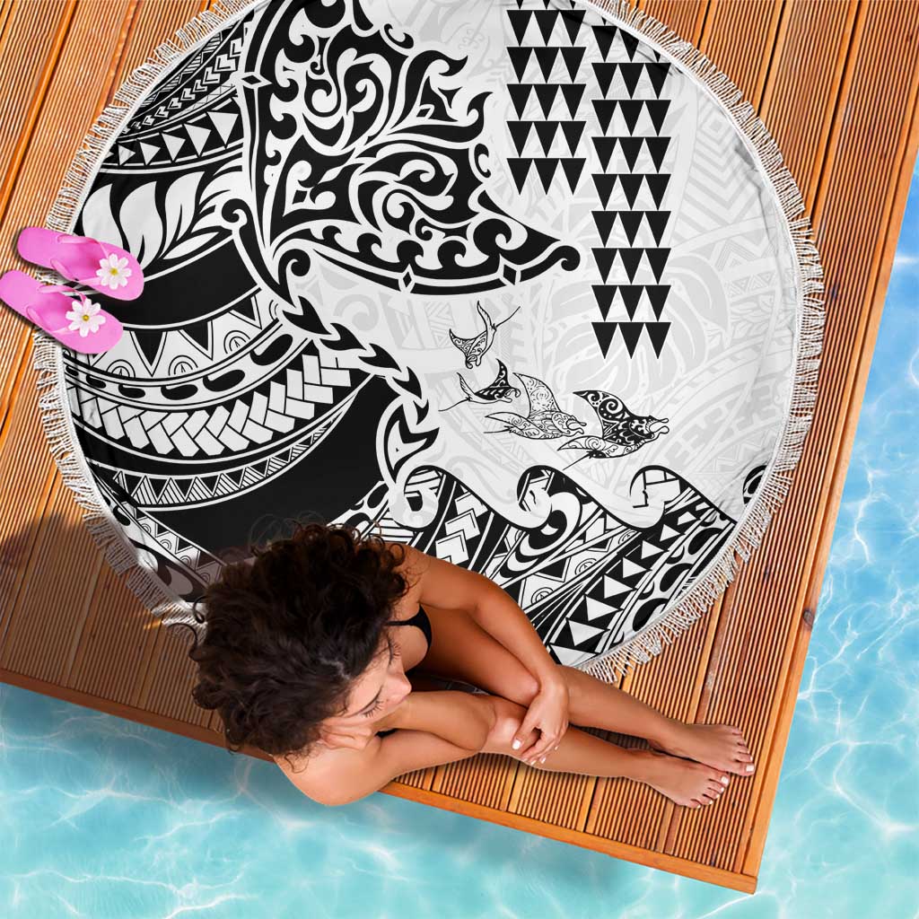 Hawaiian Tribal Manta Ray Beach Blanket Kakau Tattoo and Polynesian Art Motif Pattern