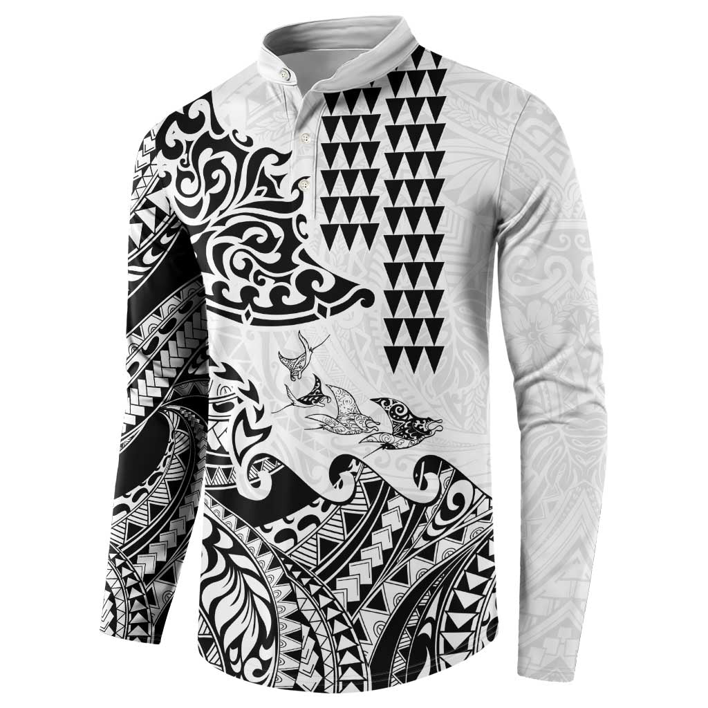 Hawaiian Tribal Manta Ray Button Sweatshirt Kakau Tattoo and Polynesian Art Motif Pattern LT03 - Polynesian Pride