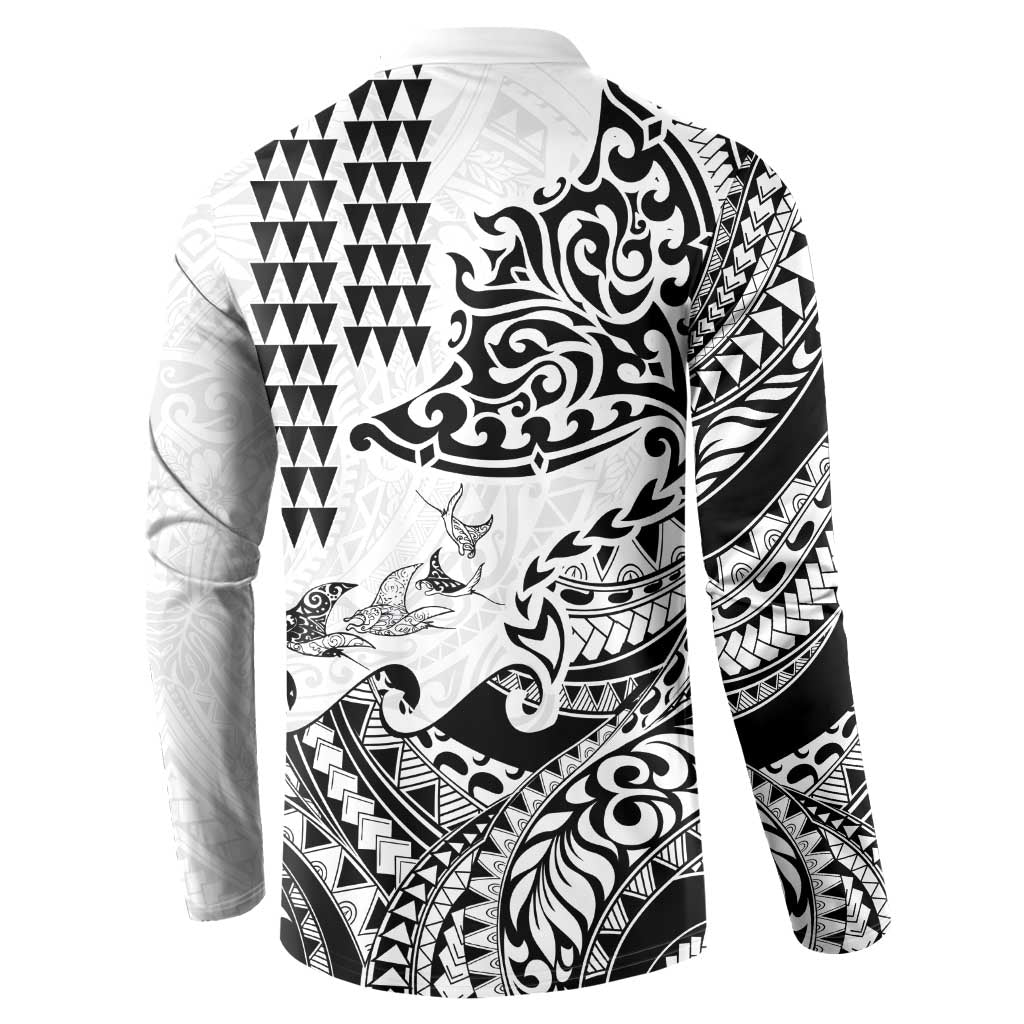 Hawaiian Tribal Manta Ray Button Sweatshirt Kakau Tattoo and Polynesian Art Motif Pattern LT03 - Polynesian Pride