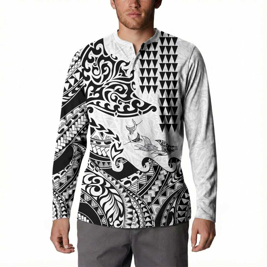 Hawaiian Tribal Manta Ray Button Sweatshirt Kakau Tattoo and Polynesian Art Motif Pattern LT03 - Polynesian Pride