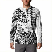 Hawaiian Tribal Manta Ray Button Sweatshirt Kakau Tattoo and Polynesian Art Motif Pattern LT03 - Polynesian Pride