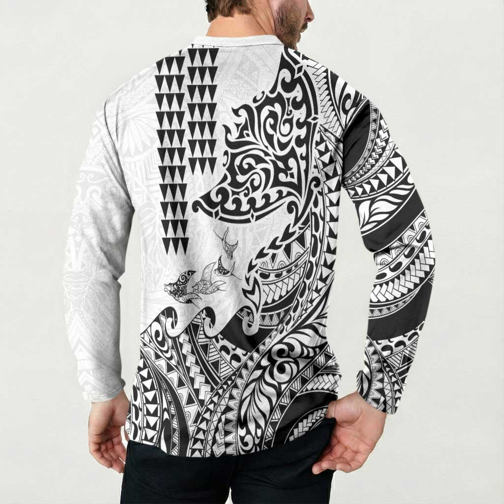 Hawaiian Tribal Manta Ray Button Sweatshirt Kakau Tattoo and Polynesian Art Motif Pattern LT03 - Polynesian Pride