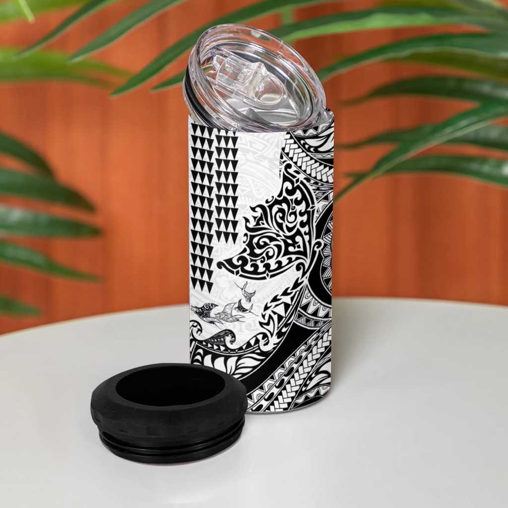 Hawaiian Tribal Manta Ray 4 in 1 Can Cooler Tumbler Kakau Tattoo and Polynesian Art Motif Pattern