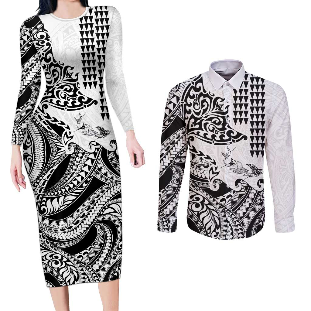 Hawaiian Tribal Manta Ray Couples Matching Long Sleeve Bodycon Dress and Long Sleeve Button Shirt Kakau Tattoo and Polynesian Art Motif Pattern LT03 Multicolor - Polynesian Pride