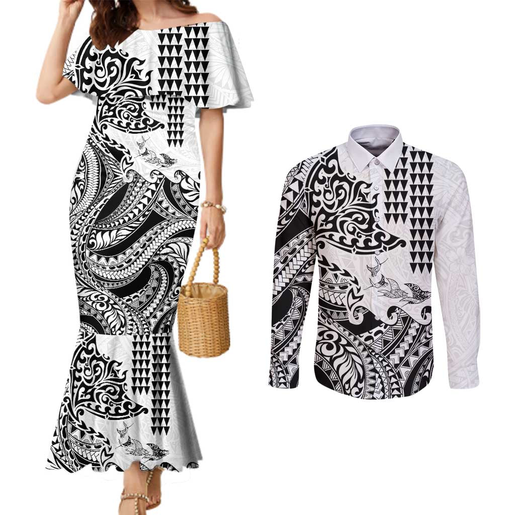 Hawaiian Tribal Manta Ray Couples Matching Mermaid Dress and Long Sleeve Button Shirt Kakau Tattoo and Polynesian Art Motif Pattern
