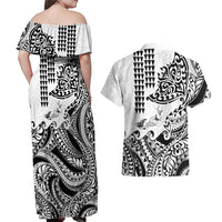 Hawaiian Tribal Manta Ray Couples Matching Off Shoulder Maxi Dress and Hawaiian Shirt Kakau Tattoo and Polynesian Art Motif Pattern