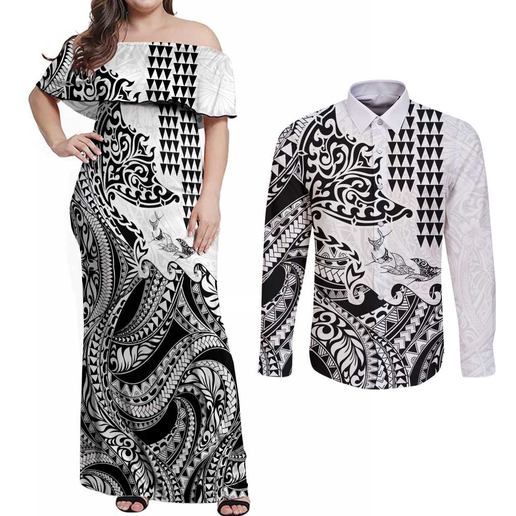 Hawaiian Tribal Manta Ray Couples Matching Off Shoulder Maxi Dress and Long Sleeve Button Shirt Kakau Tattoo and Polynesian Art Motif Pattern