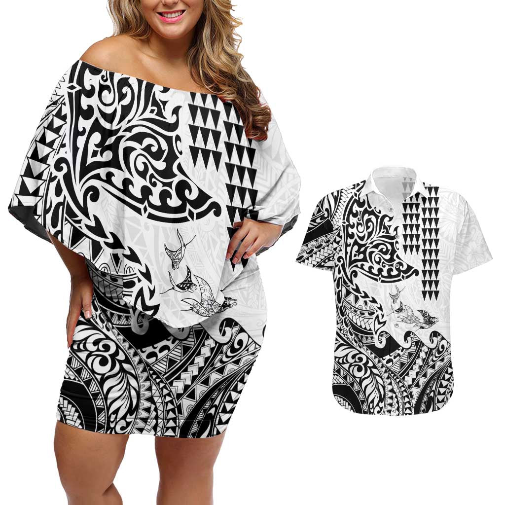 Hawaiian Tribal Manta Ray Couples Matching Off Shoulder Short Dress and Hawaiian Shirt Kakau Tattoo and Polynesian Art Motif Pattern