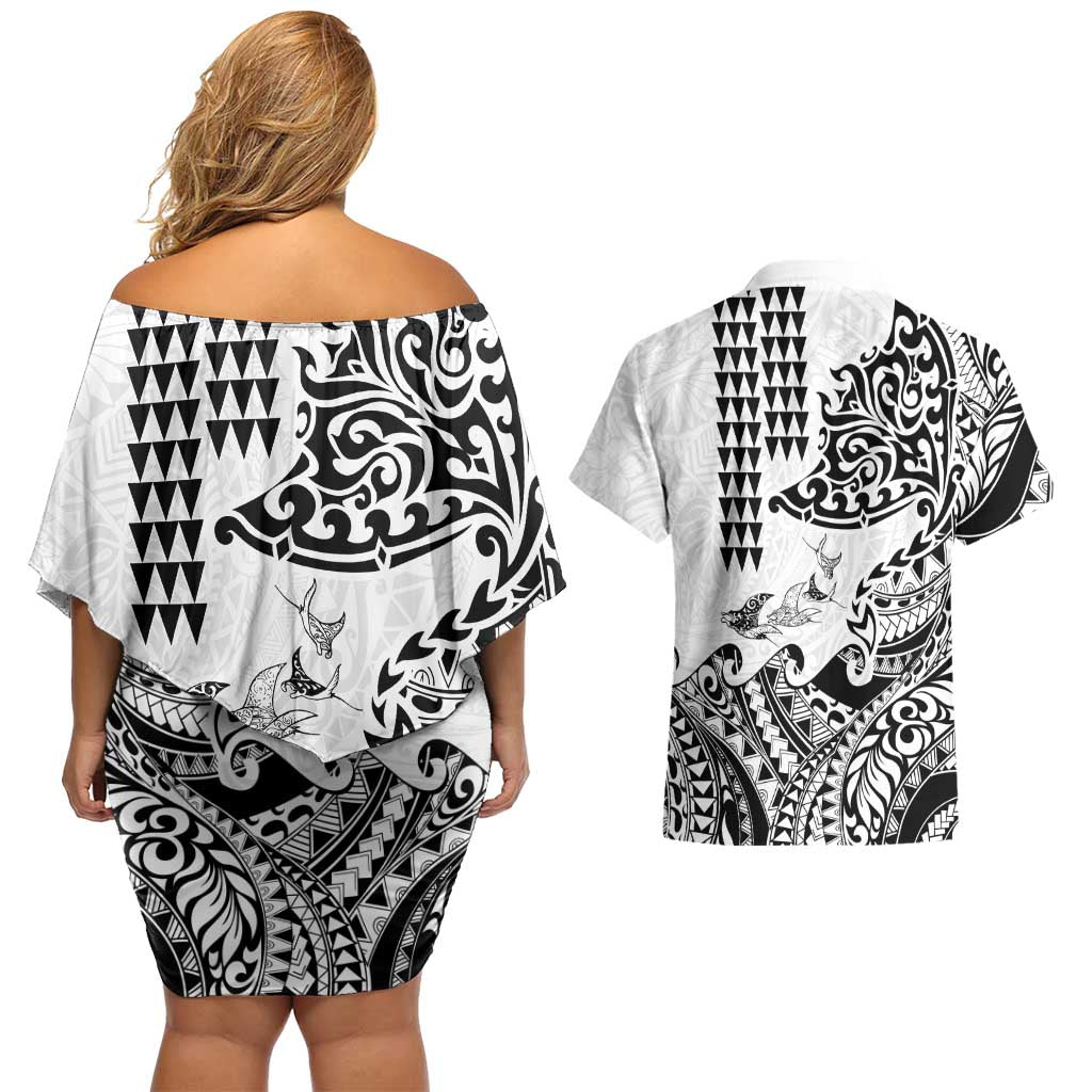 Hawaiian Tribal Manta Ray Couples Matching Off Shoulder Short Dress and Hawaiian Shirt Kakau Tattoo and Polynesian Art Motif Pattern