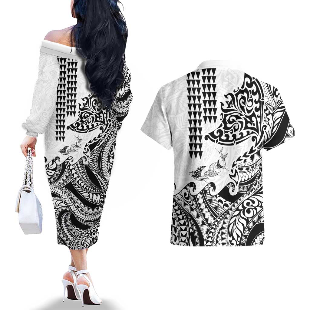 Hawaiian Tribal Manta Ray Couples Matching Off The Shoulder Long Sleeve Dress and Hawaiian Shirt Kakau Tattoo and Polynesian Art Motif Pattern