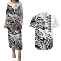 Hawaiian Tribal Manta Ray Couples Matching Puletasi and Hawaiian Shirt Kakau Tattoo and Polynesian Art Motif Pattern