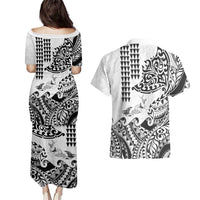 Hawaiian Tribal Manta Ray Couples Matching Puletasi and Hawaiian Shirt Kakau Tattoo and Polynesian Art Motif Pattern
