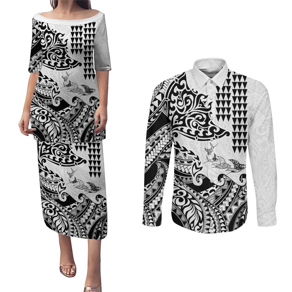 Hawaiian Tribal Manta Ray Couples Matching Puletasi and Long Sleeve Button Shirt Kakau Tattoo and Polynesian Art Motif Pattern