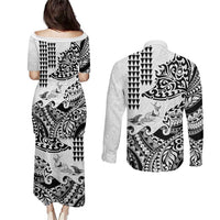 Hawaiian Tribal Manta Ray Couples Matching Puletasi and Long Sleeve Button Shirt Kakau Tattoo and Polynesian Art Motif Pattern