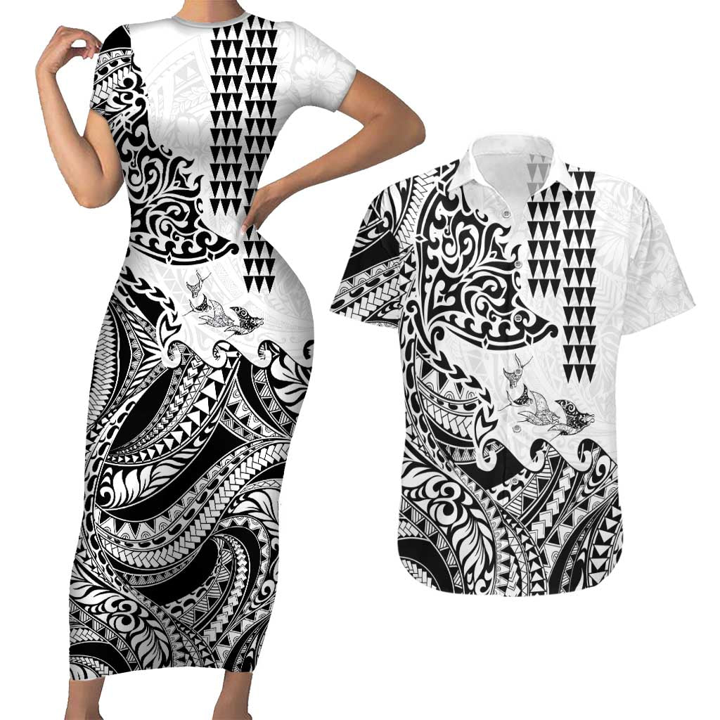 Hawaiian Tribal Manta Ray Couples Matching Short Sleeve Bodycon Dress and Hawaiian Shirt Kakau Tattoo and Polynesian Art Motif Pattern