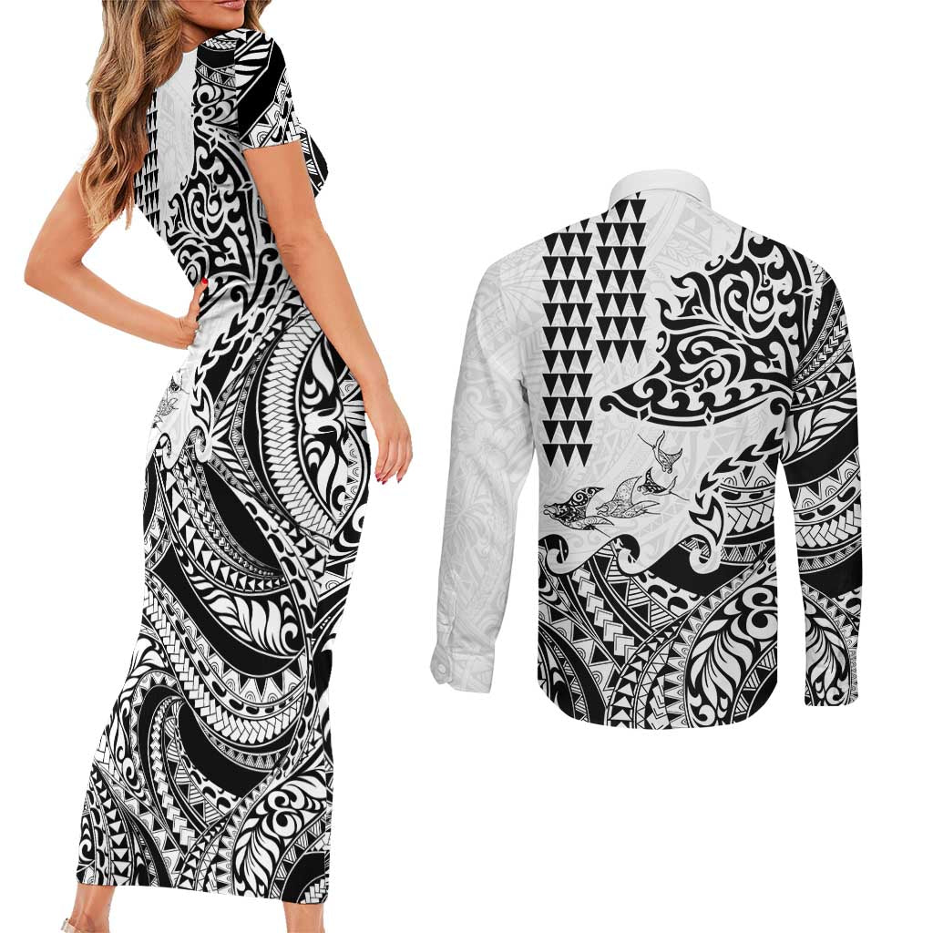 Hawaiian Tribal Manta Ray Couples Matching Short Sleeve Bodycon Dress and Long Sleeve Button Shirt Kakau Tattoo and Polynesian Art Motif Pattern