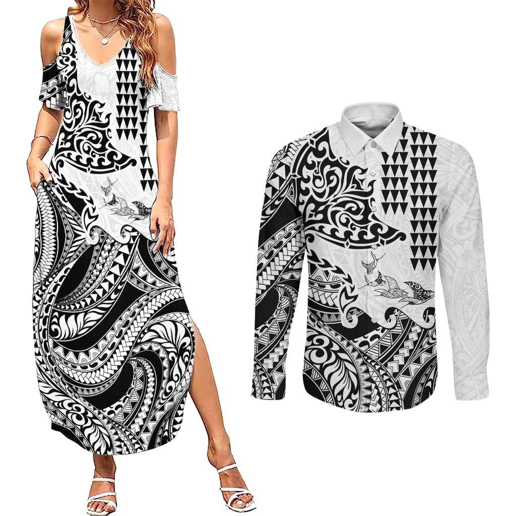 Hawaiian Tribal Manta Ray Couples Matching Summer Maxi Dress and Long Sleeve Button Shirt Kakau Tattoo and Polynesian Art Motif Pattern
