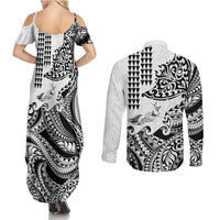 Hawaiian Tribal Manta Ray Couples Matching Summer Maxi Dress and Long Sleeve Button Shirt Kakau Tattoo and Polynesian Art Motif Pattern