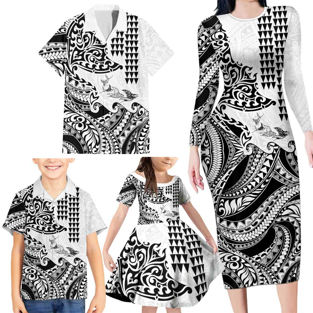 Hawaiian Tribal Manta Ray Family Matching Long Sleeve Bodycon Dress and Hawaiian Shirt Kakau Tattoo and Polynesian Art Motif Pattern