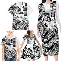 Hawaiian Tribal Manta Ray Family Matching Long Sleeve Bodycon Dress and Hawaiian Shirt Kakau Tattoo and Polynesian Art Motif Pattern