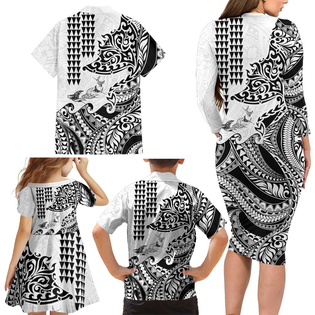 Hawaiian Tribal Manta Ray Family Matching Long Sleeve Bodycon Dress and Hawaiian Shirt Kakau Tattoo and Polynesian Art Motif Pattern