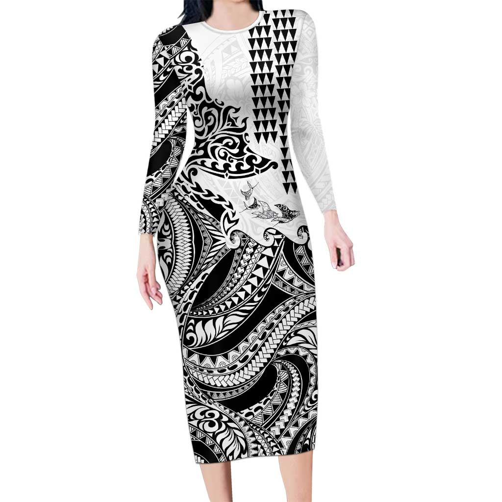 Hawaiian Tribal Manta Ray Family Matching Long Sleeve Bodycon Dress and Hawaiian Shirt Kakau Tattoo and Polynesian Art Motif Pattern