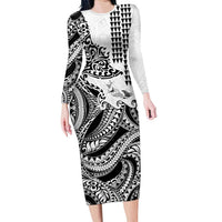 Hawaiian Tribal Manta Ray Family Matching Long Sleeve Bodycon Dress and Hawaiian Shirt Kakau Tattoo and Polynesian Art Motif Pattern