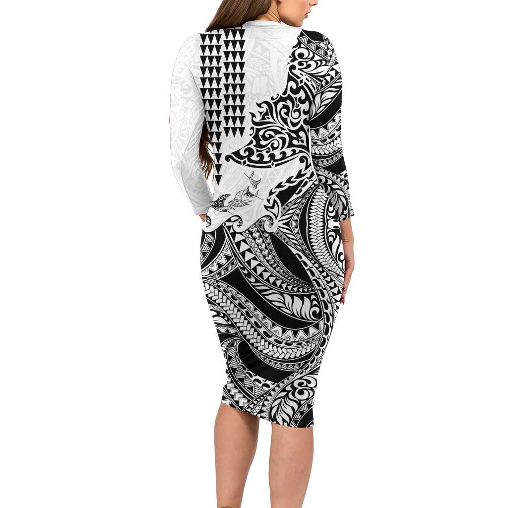 Hawaiian Tribal Manta Ray Family Matching Long Sleeve Bodycon Dress and Hawaiian Shirt Kakau Tattoo and Polynesian Art Motif Pattern