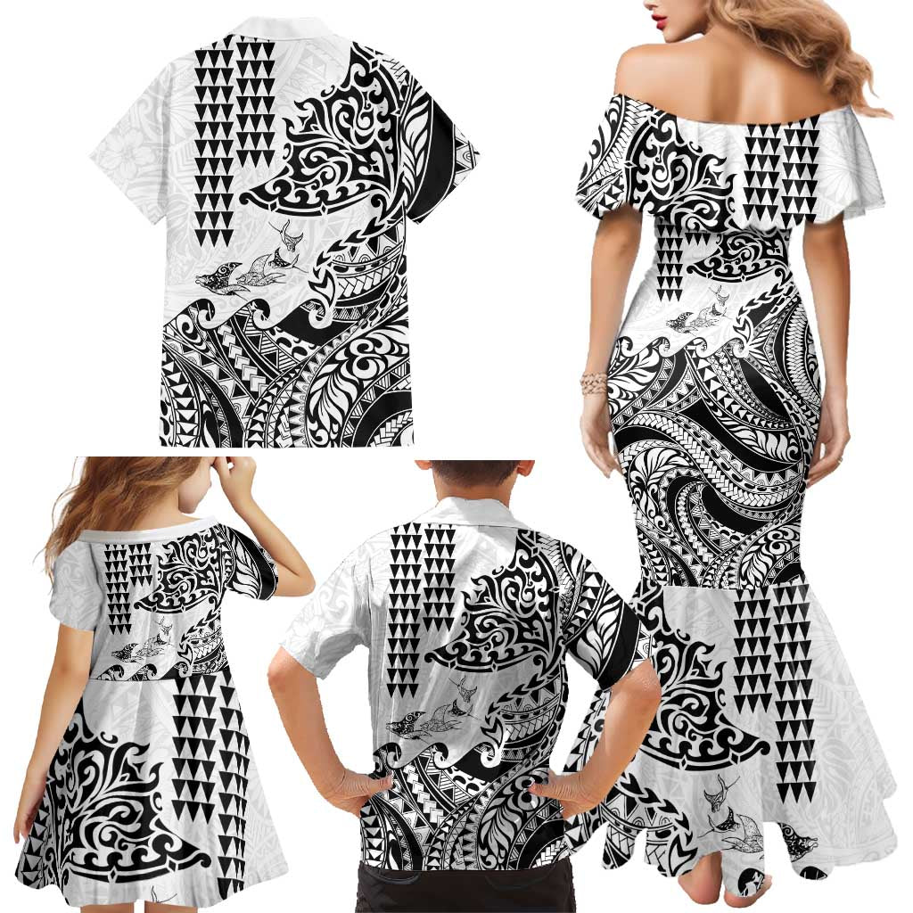Hawaiian Tribal Manta Ray Family Matching Mermaid Dress and Hawaiian Shirt Kakau Tattoo and Polynesian Art Motif Pattern