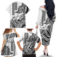 Hawaiian Tribal Manta Ray Family Matching Off The Shoulder Long Sleeve Dress and Hawaiian Shirt Kakau Tattoo and Polynesian Art Motif Pattern
