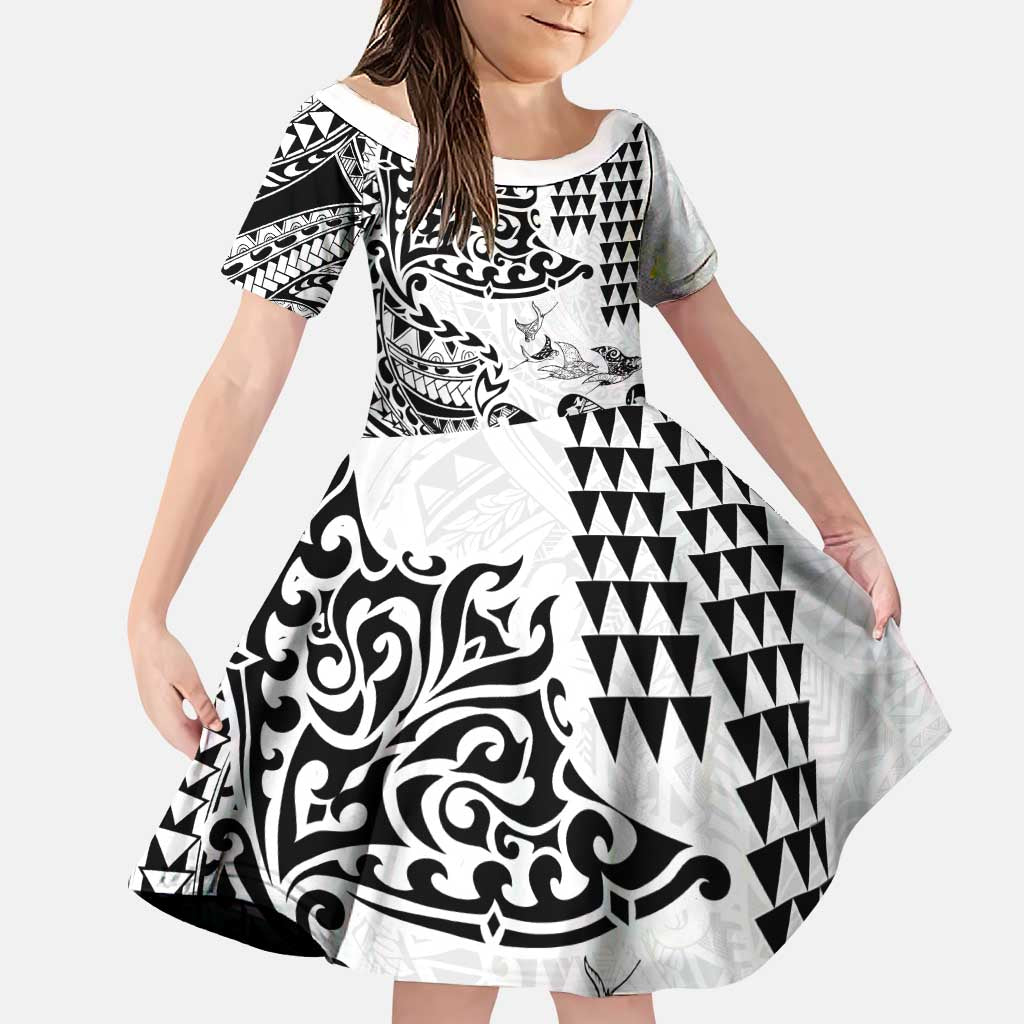 Hawaiian Tribal Manta Ray Family Matching Off Shoulder Maxi Dress and Hawaiian Shirt Kakau Tattoo and Polynesian Art Motif Pattern