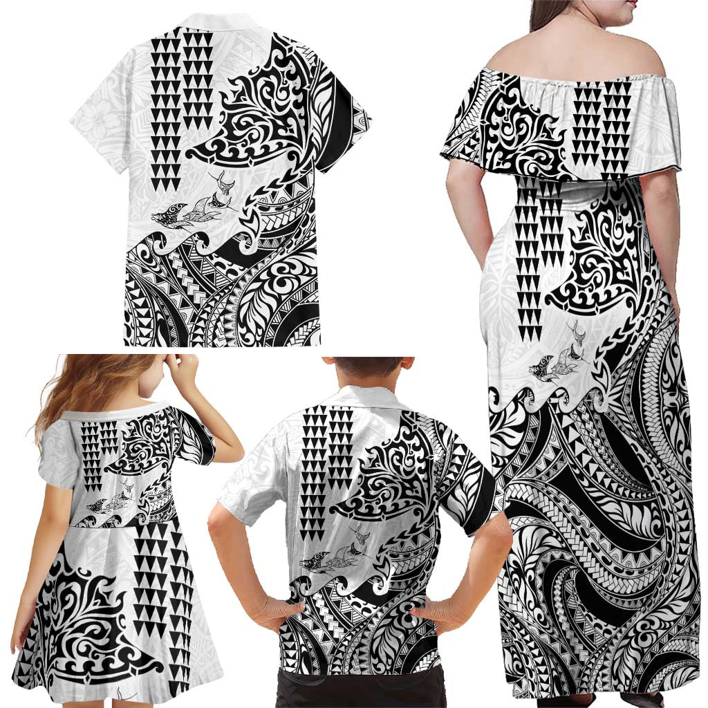 Hawaiian Tribal Manta Ray Family Matching Off Shoulder Maxi Dress and Hawaiian Shirt Kakau Tattoo and Polynesian Art Motif Pattern