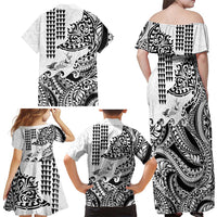 Hawaiian Tribal Manta Ray Family Matching Off Shoulder Maxi Dress and Hawaiian Shirt Kakau Tattoo and Polynesian Art Motif Pattern