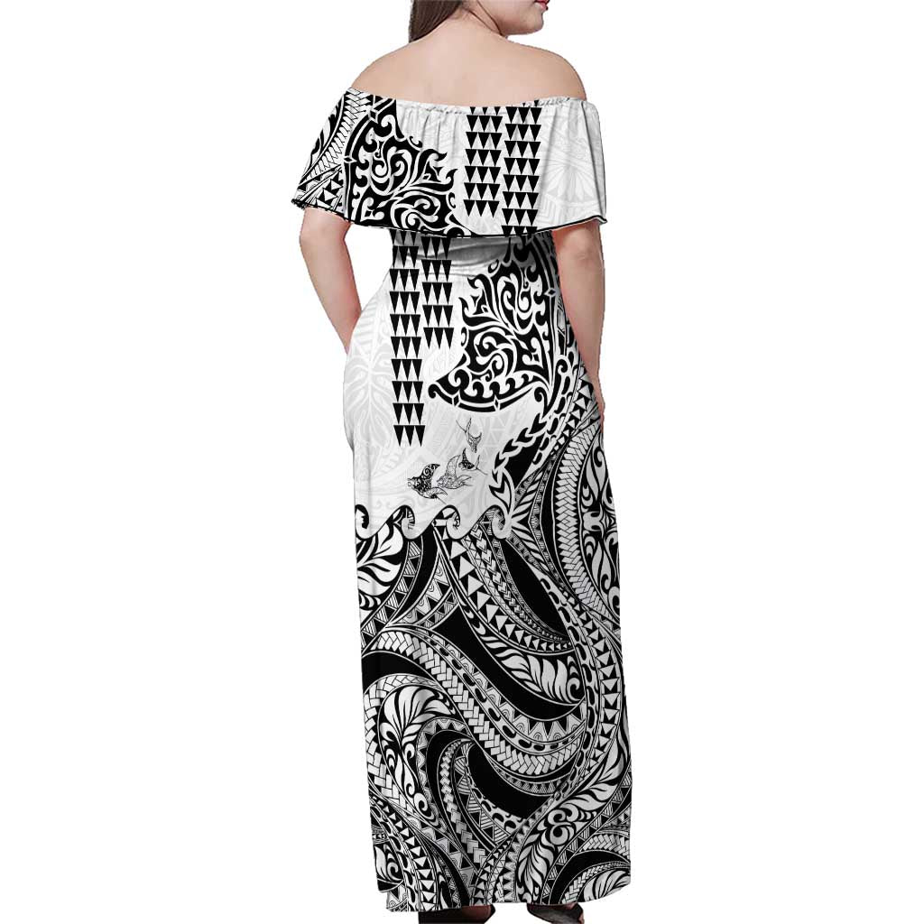 Hawaiian Tribal Manta Ray Family Matching Off Shoulder Maxi Dress and Hawaiian Shirt Kakau Tattoo and Polynesian Art Motif Pattern