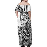 Hawaiian Tribal Manta Ray Family Matching Off Shoulder Maxi Dress and Hawaiian Shirt Kakau Tattoo and Polynesian Art Motif Pattern
