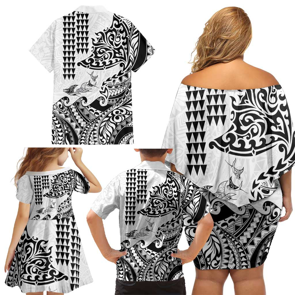 Hawaiian Tribal Manta Ray Family Matching Off Shoulder Short Dress and Hawaiian Shirt Kakau Tattoo and Polynesian Art Motif Pattern
