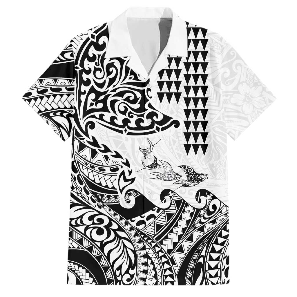 Hawaiian Tribal Manta Ray Family Matching Off Shoulder Short Dress and Hawaiian Shirt Kakau Tattoo and Polynesian Art Motif Pattern