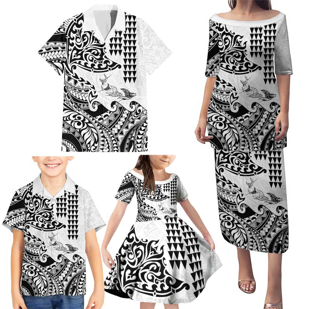 Hawaiian Tribal Manta Ray Family Matching Puletasi and Hawaiian Shirt Kakau Tattoo and Polynesian Art Motif Pattern