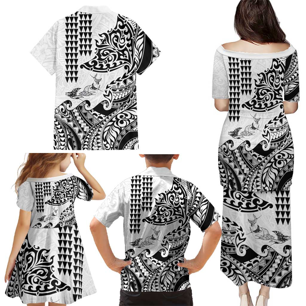 Hawaiian Tribal Manta Ray Family Matching Puletasi and Hawaiian Shirt Kakau Tattoo and Polynesian Art Motif Pattern